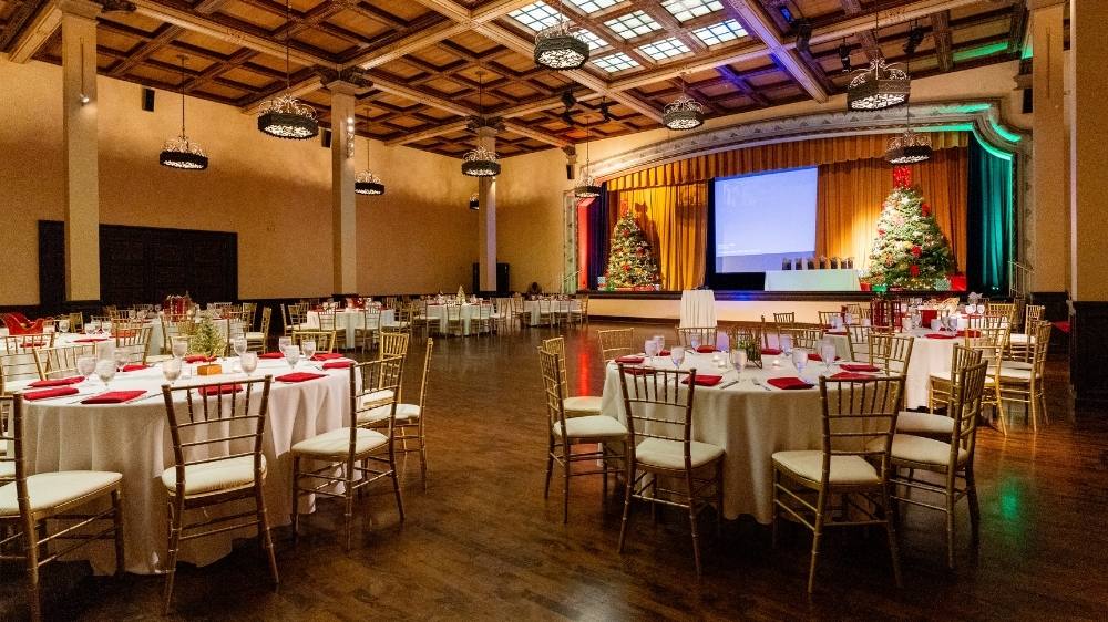 Special event photography at El Prado in Balboa Park showcasing a holiday party ballroom setup