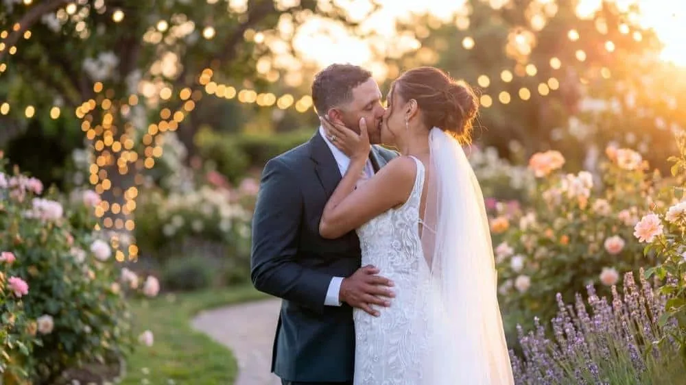 Bride and groom kissing in a blooming garden with string lights and golden sunset, captured by San Diego wedding photographer