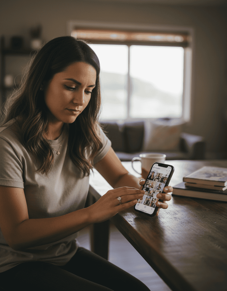 Bride overwhelmed comparing wedding photographer galleries on her phone