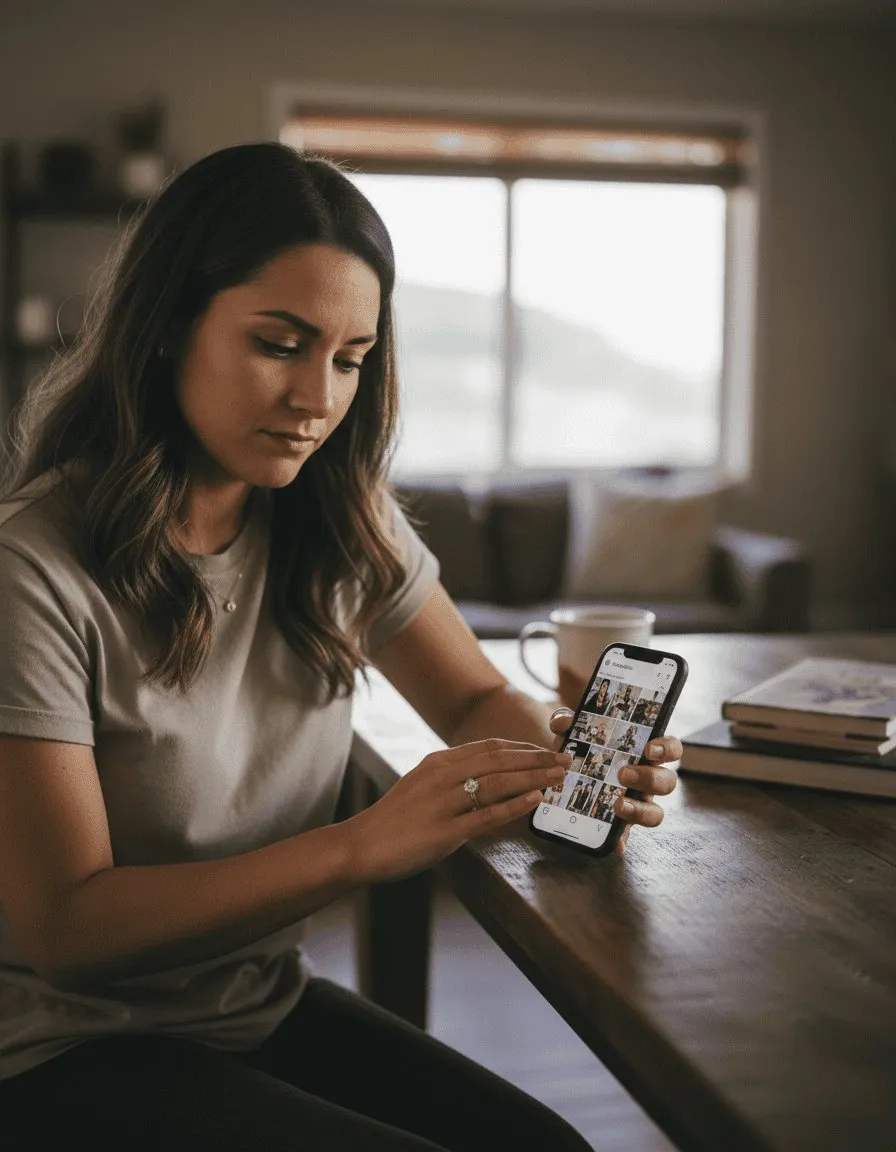 Bride overwhelmed comparing wedding photographer galleries on her phone