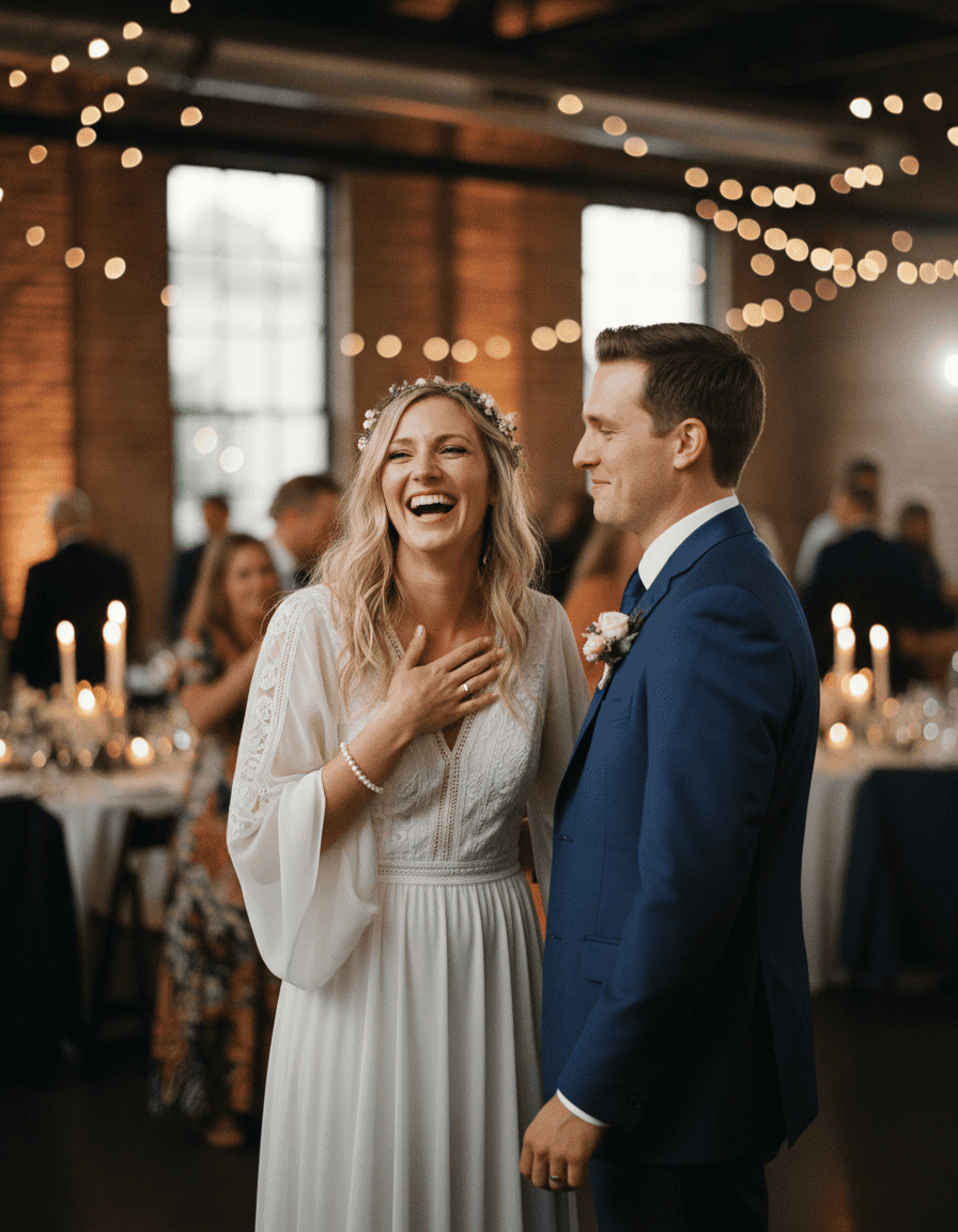 Bride laughing genuinely with groom at a San Diego wedding reception, unposed and candid