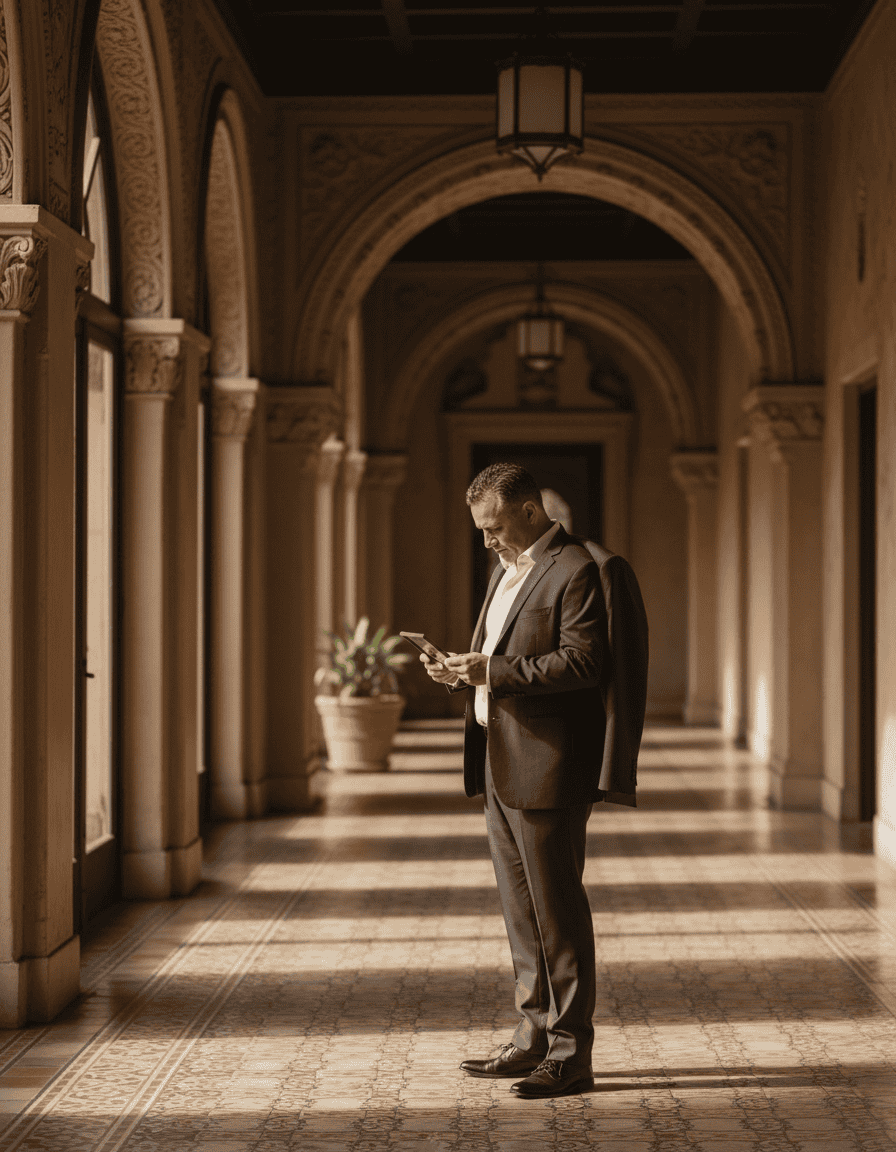 Father of the bride in a quiet moment alone before the ceremony at Balboa Park San Diego