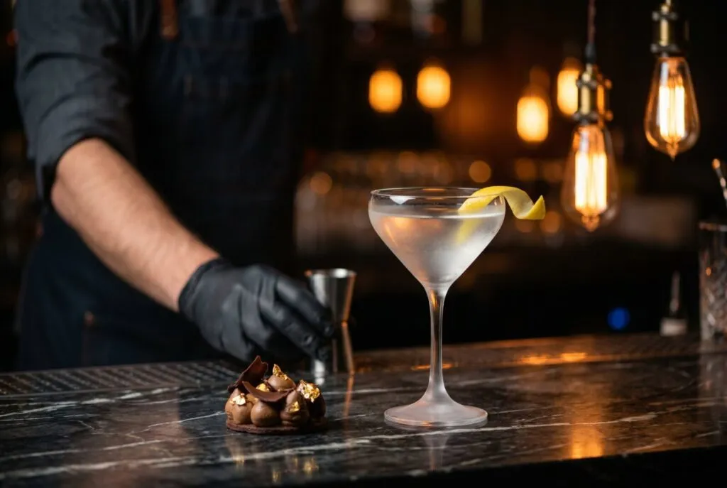 Bartender in black gloves preparing a sophisticated craft cocktail with lemon twist garnish at an upscale bar with warm pendant lighting