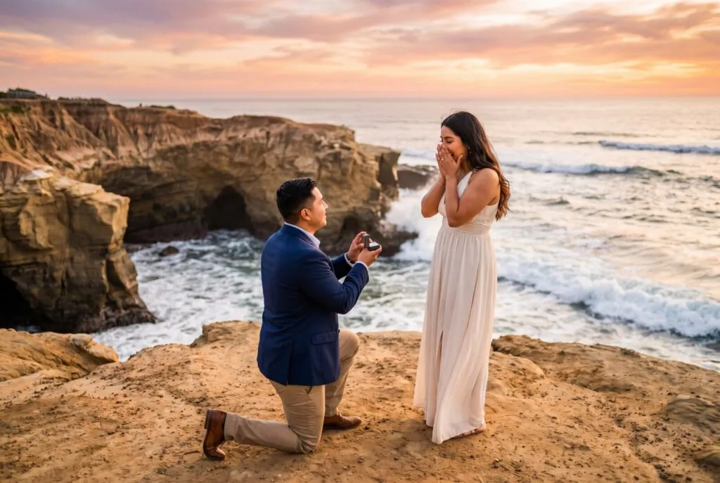 Man in blue blazer proposing to woman in white dress on rocky San Diego beach at sunset during engagement photography session