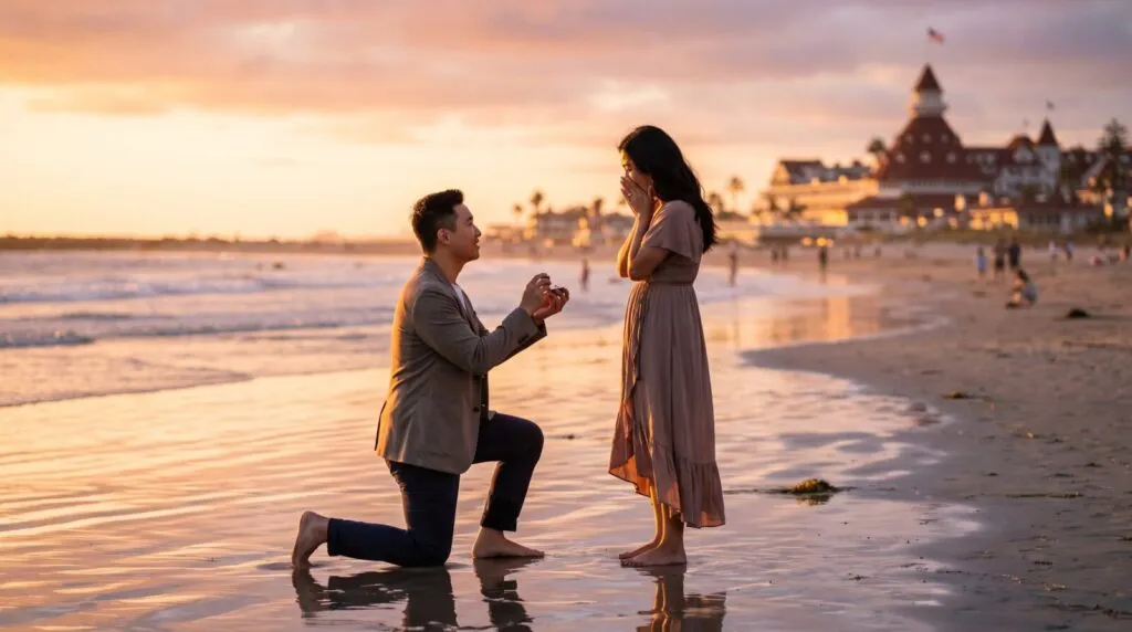 Man kneeling on beach proposing to woman at sunset with Hotel del Coronado in background, San Diego proposal photography moment