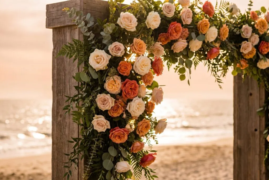 Rustic wooden wedding arch decorated with coral, peach, and cream roses with greenery cascading down, set on a San Diego beach with ocean backdrop