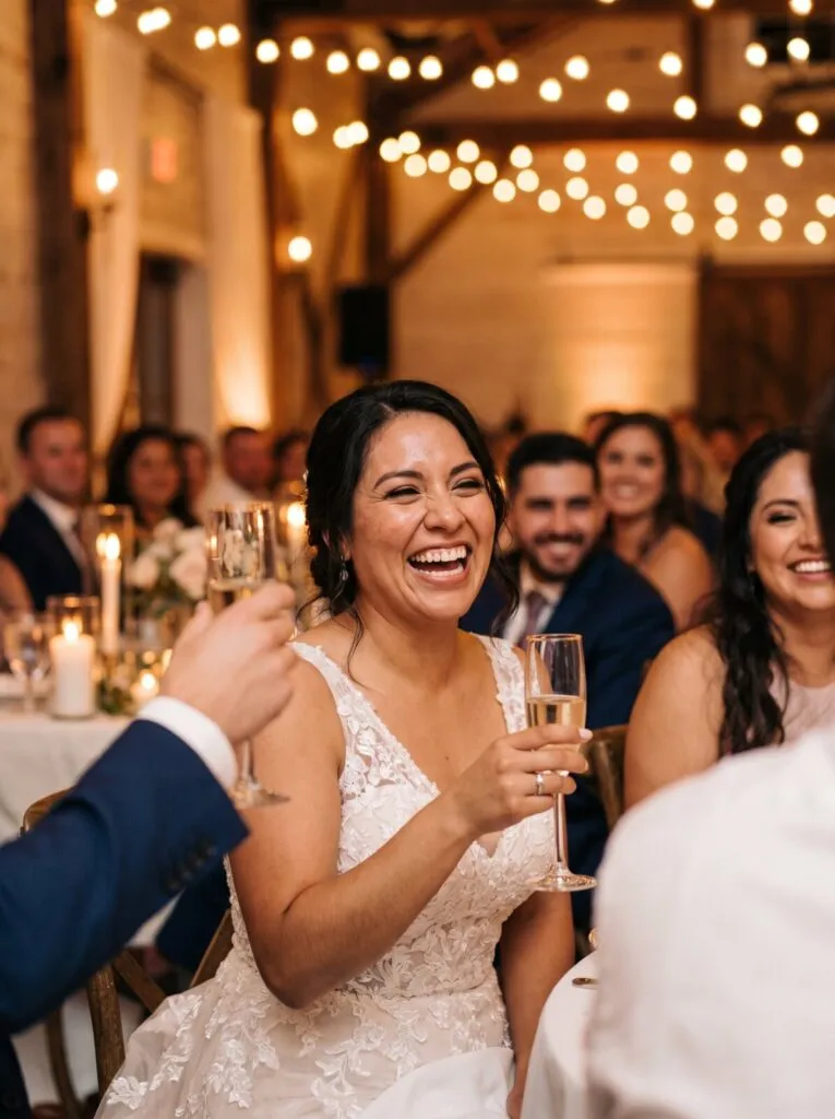Bride in white lace dress laughing while holding champagne glass during wedding reception with string lights and guests in background