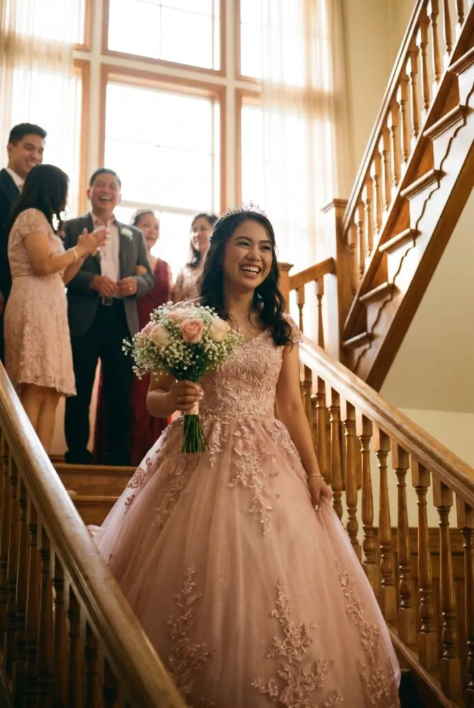 Smiling Filipino debutante in pink gown holding bouquet on staircase while family watches, captured by San Diego debut photographer