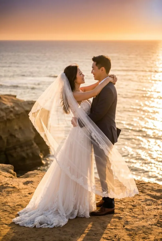 Bride and groom embrace on sandy beach at golden hour sunset, capturing romantic unposed wedding moment with ocean and glowing sky.