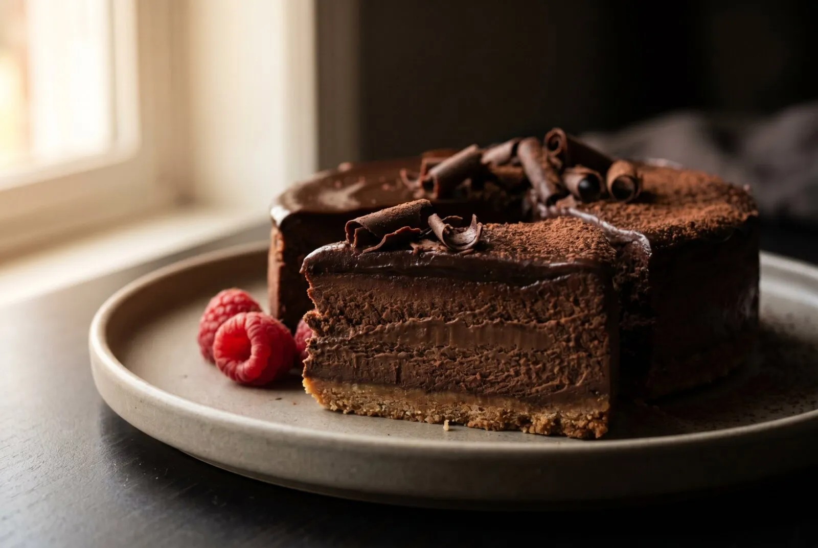 Decadent layered chocolate cake slice with chocolate shavings and fresh raspberry on ceramic plate, showcasing professional food photography