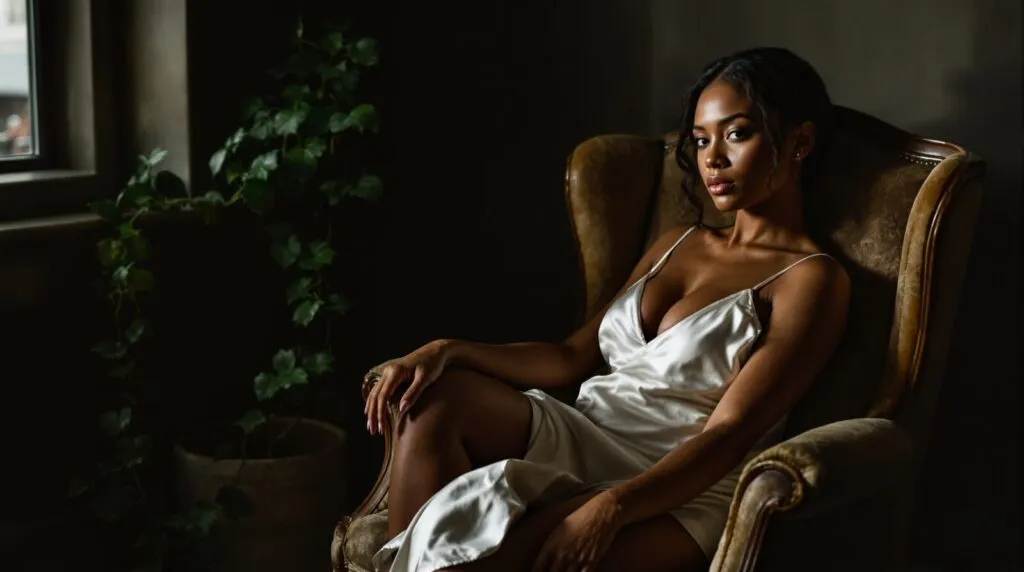 Woman in elegant white satin sitting confidently in vintage chair during empowering boudoir photography session in San Diego