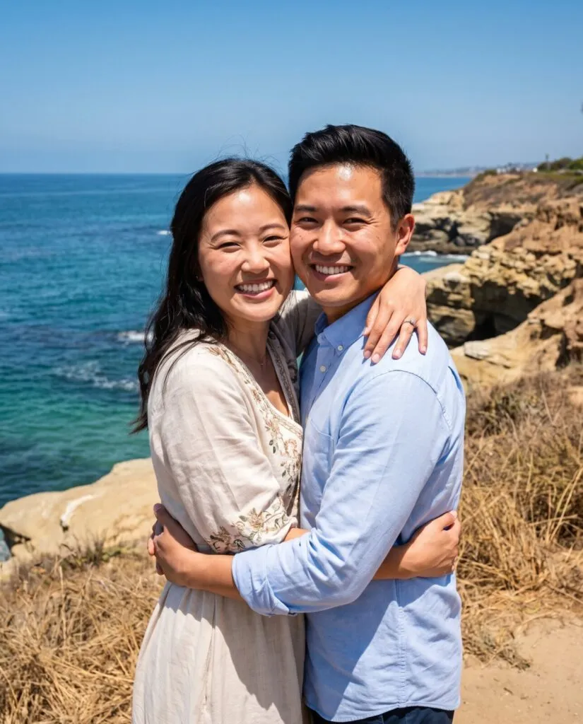 Happy engaged couple embracing on rocky cliffs overlooking the blue ocean at a San Diego engagement photo session