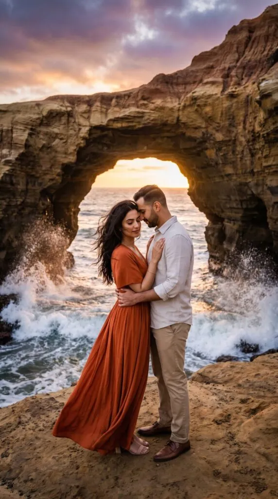 Engaged couple embracing under natural rock arch at sunset beach with waves, perfect for San Diego engagement photography session