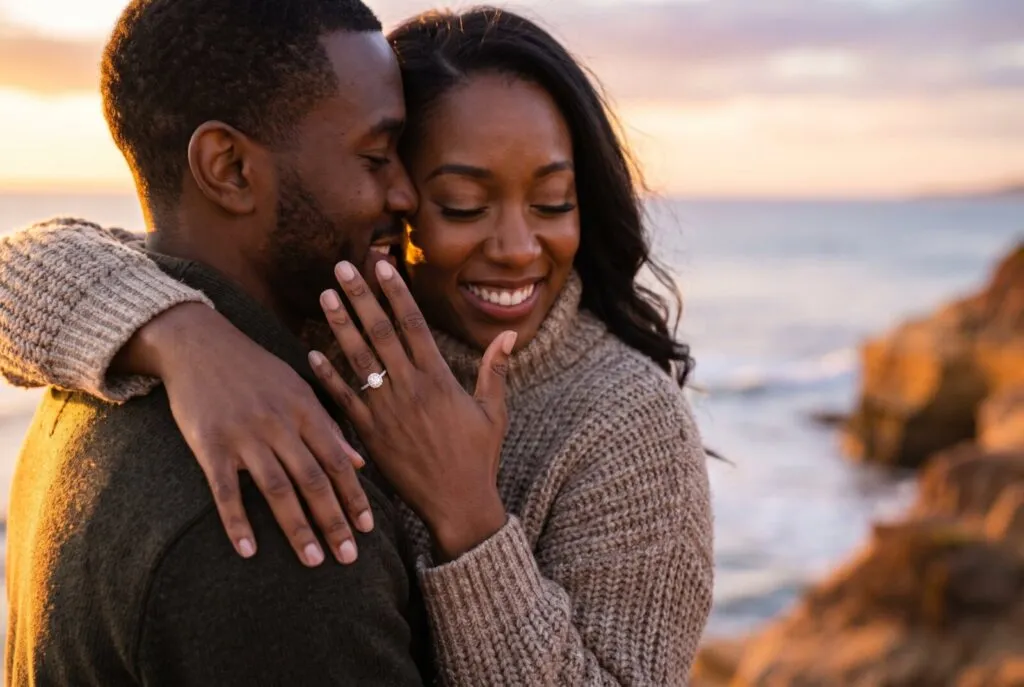 Couple smiling at beach sunset displaying engagement ring after proposal in San Diego