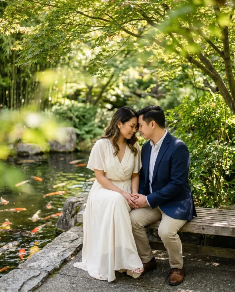 Engaged couple sitting on wooden dock by pond in lush green garden tunnel, holding hands during San Diego engagement photo session
