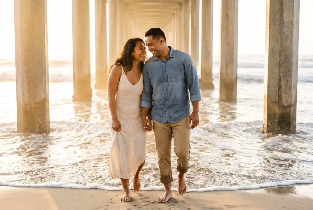 Couple holding hands and smiling while walking under a wooden pier on the beach during their engagement photo session in San Diego