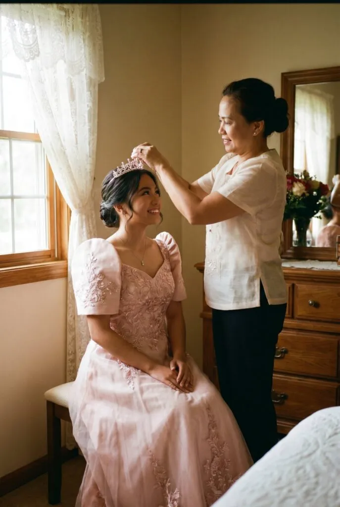 Filipino debut preparation as mother places decorative tiara on daughter's head, capturing intimate family moment before ceremony