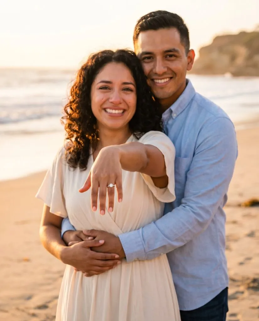 Engaged couple smiling at beach sunset, woman displaying diamond engagement ring, surprise proposal photographer San Diego