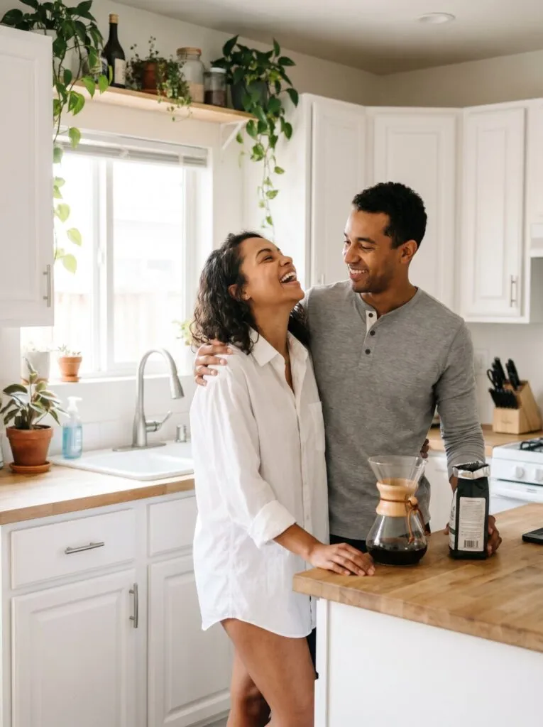 Happy couple laughing together in a bright modern kitchen with white cabinets and green plants, captured during an engagement photography session