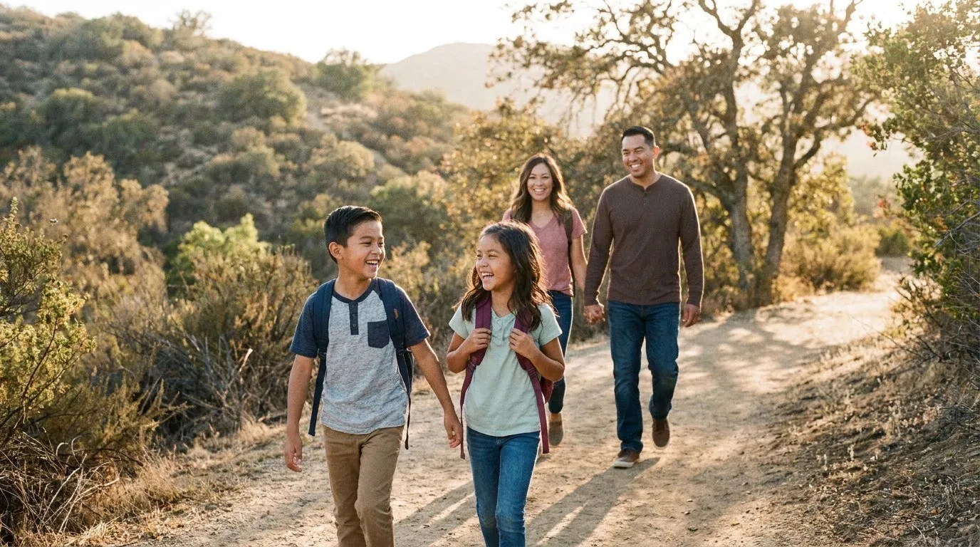 San Diego family photographer, family hiking a trail at Mission Trails at golden hour