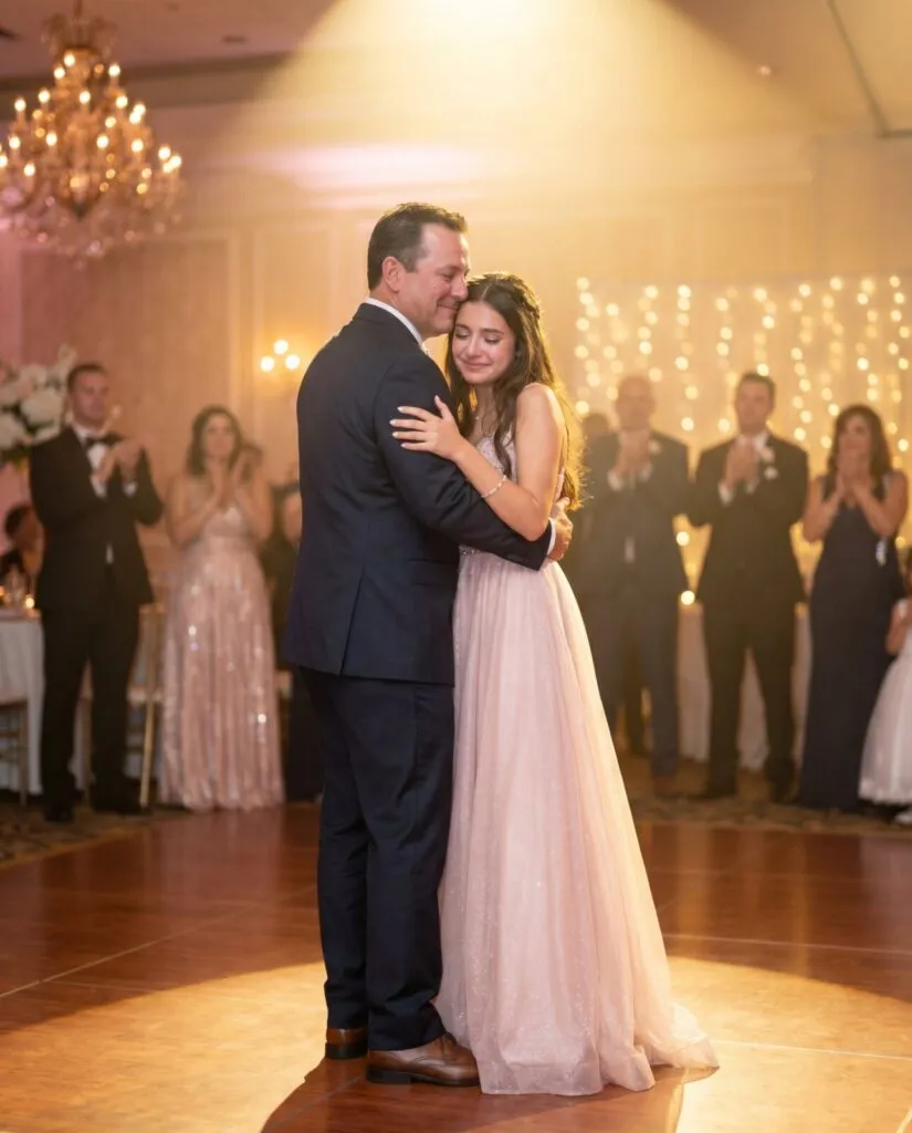 Father and daughter share a special moment during a Sweet 16 dance at an elegant San Diego celebration with golden lights and guests watching.