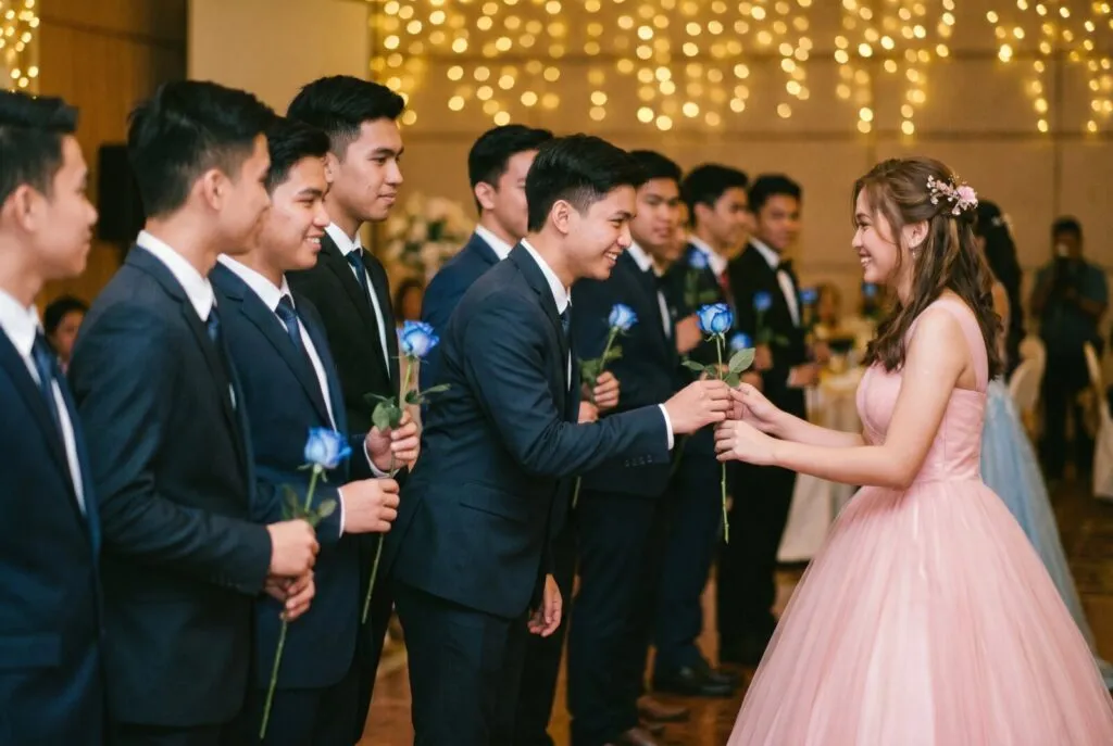 Filipino debut bride in pink gown receiving blue roses from male escorts in navy suits during traditional 18 roses ceremony with golden string lights backdrop