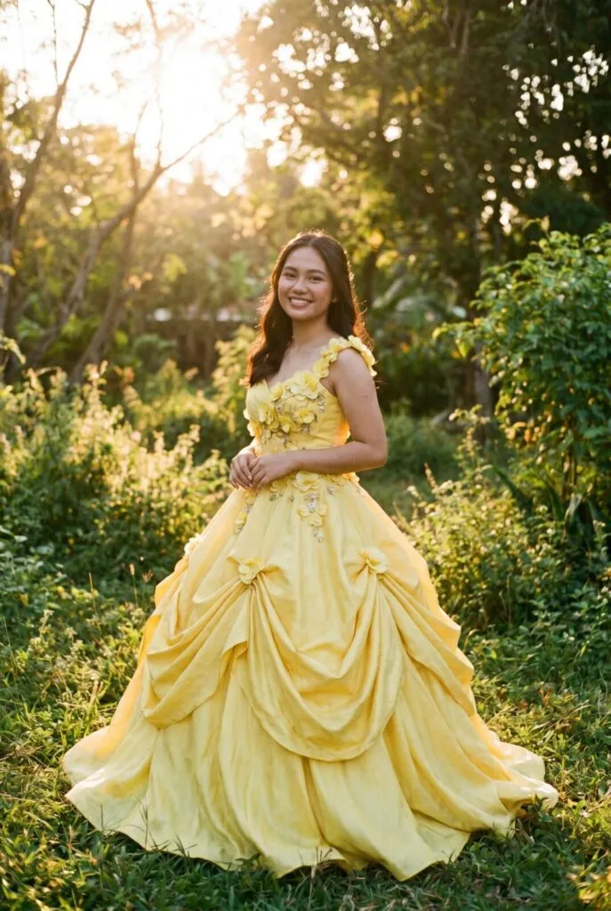 Young Filipina wearing a stunning yellow ball gown with floral embellishments posing in a sunlit garden for her debut portrait.