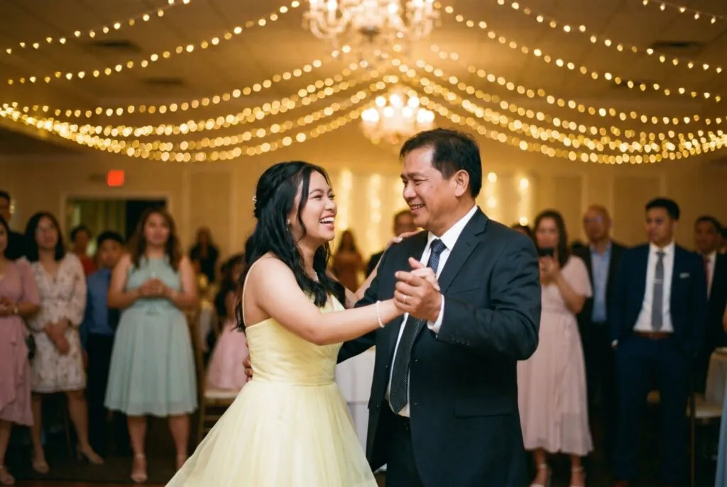 Father and daughter share a joyful first dance during a Filipino debut celebration in San Diego, surrounded by family and elegant string lighting