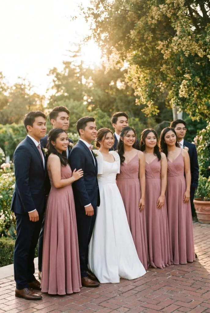 Filipino debut wedding party with bride in white gown, groomsmen in navy suits, and bridesmaids in dusty rose dresses posing outdoors in San Diego garden setting.