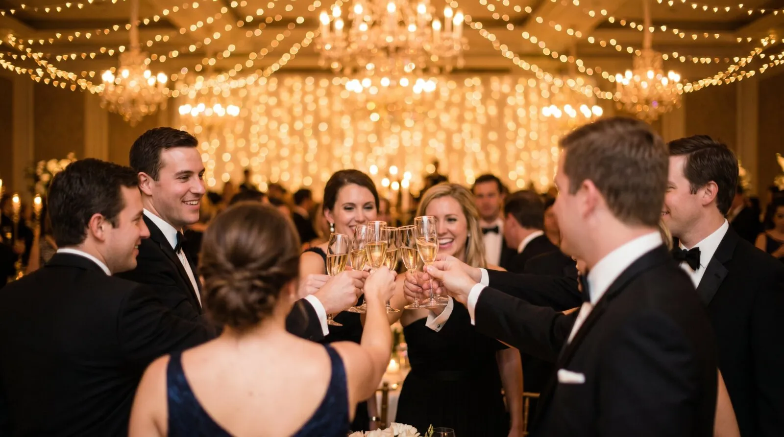 Elegantly dressed guests toasting with champagne flutes at a formal event under golden string lights, celebrating together in San Diego