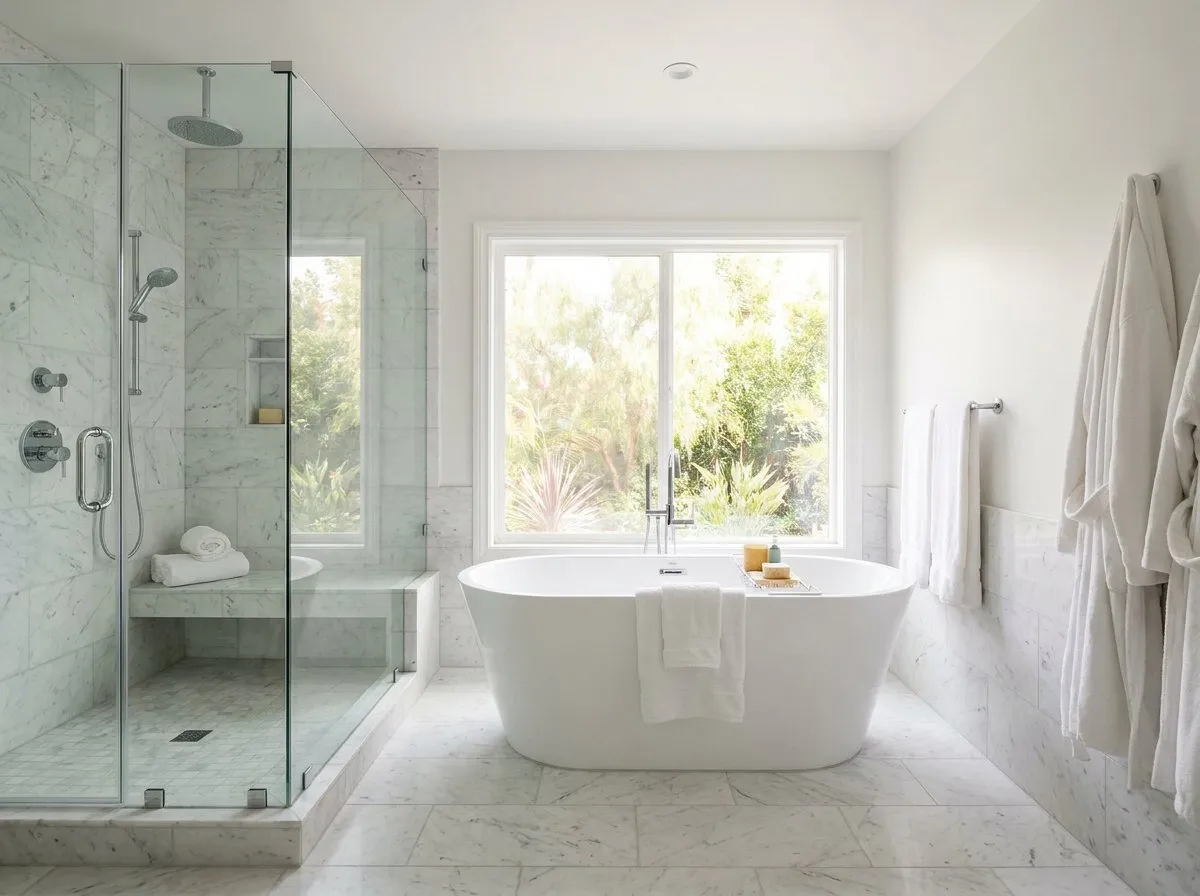 Spa-like bathroom with freestanding tub, real estate photography