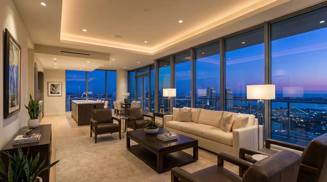 High-rise condo with ocean view at twilight, real estate photography
