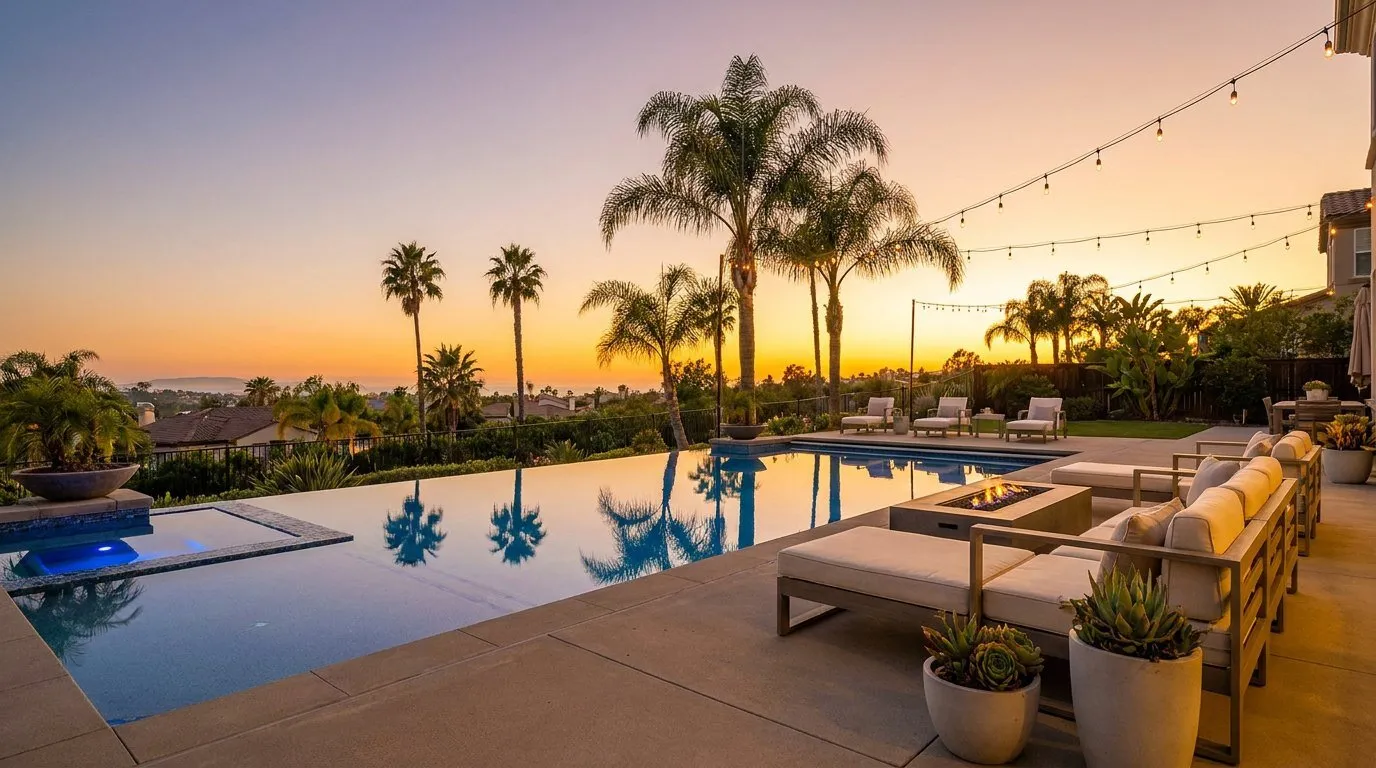 Backyard infinity pool at sunset, San Diego real estate photography