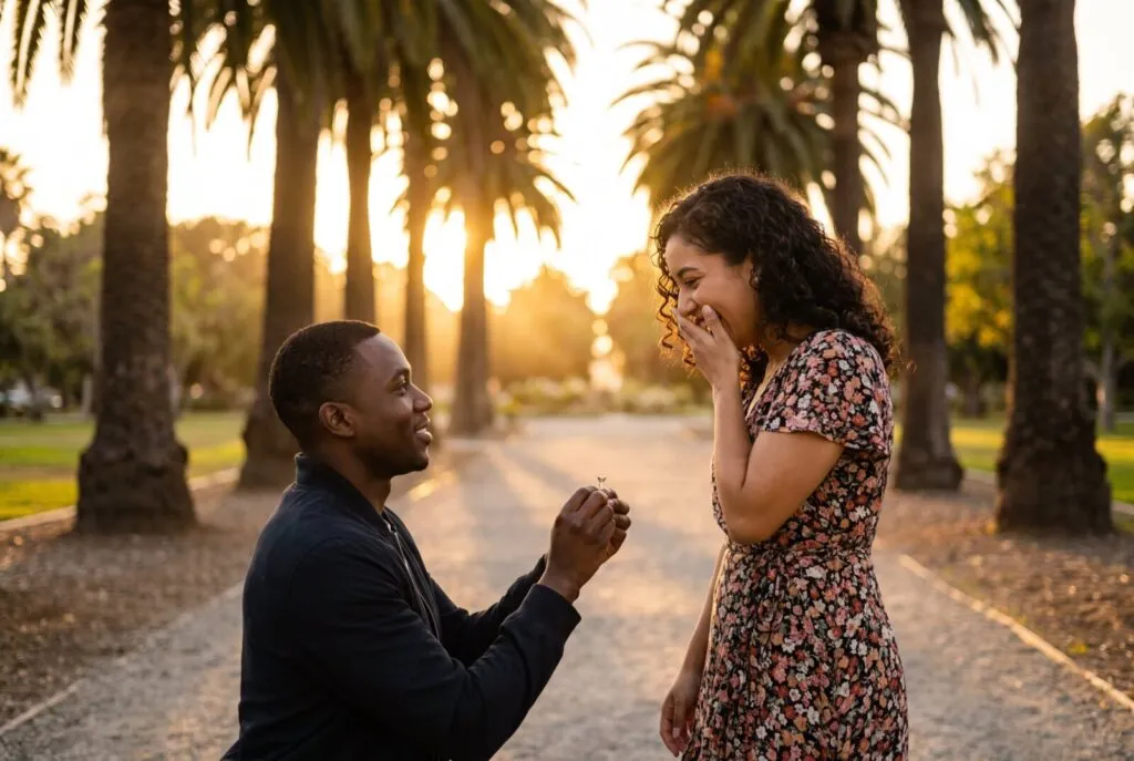 Man on one knee proposing to smiling woman on palm tree-lined path at golden hour sunset, surprise proposal photography moment