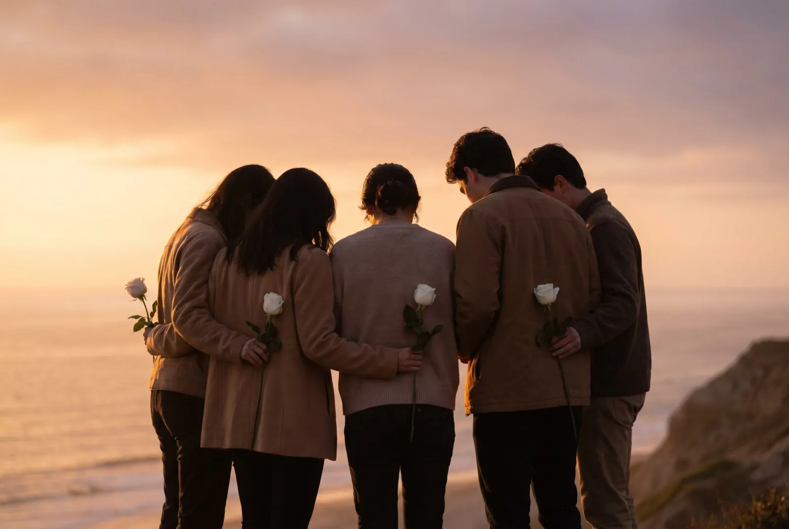Group of people holding white flowers gathered together at sunset by the ocean for a memorial service in San Diego