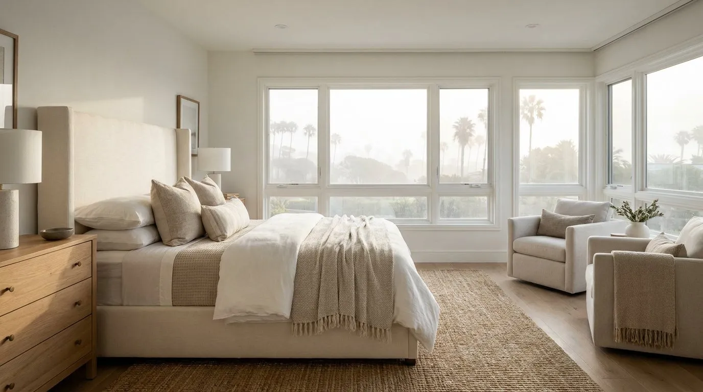 Serene primary bedroom with morning light, real estate photography