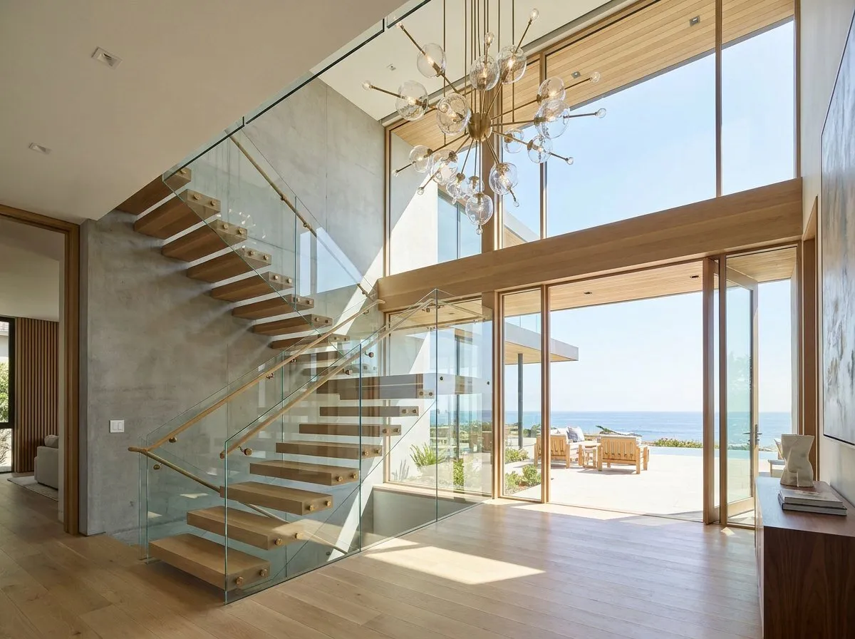 Modern entry with floating staircase, real estate photography