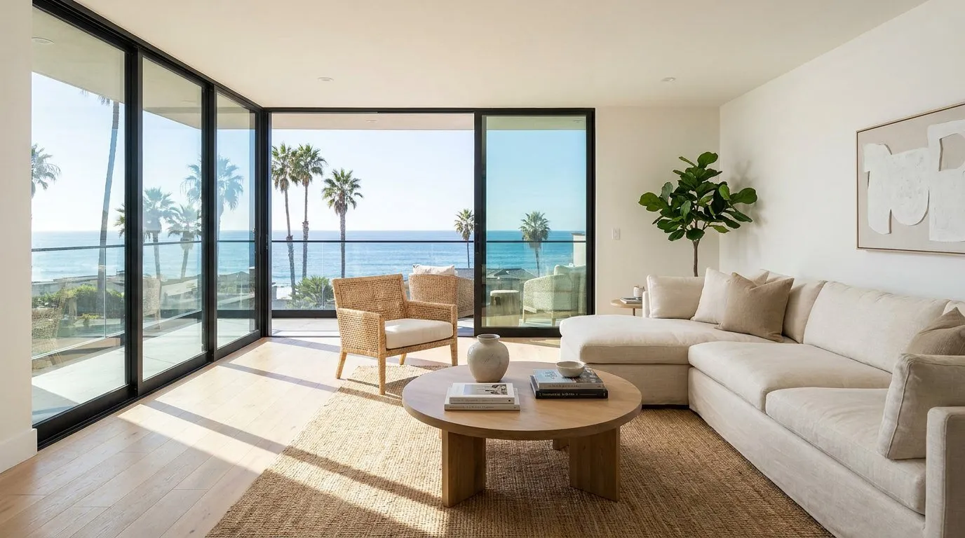 Bright modern living room with large windows, San Diego real estate photography