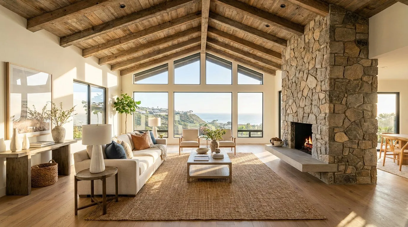 Open great room with vaulted ceiling, real estate photography