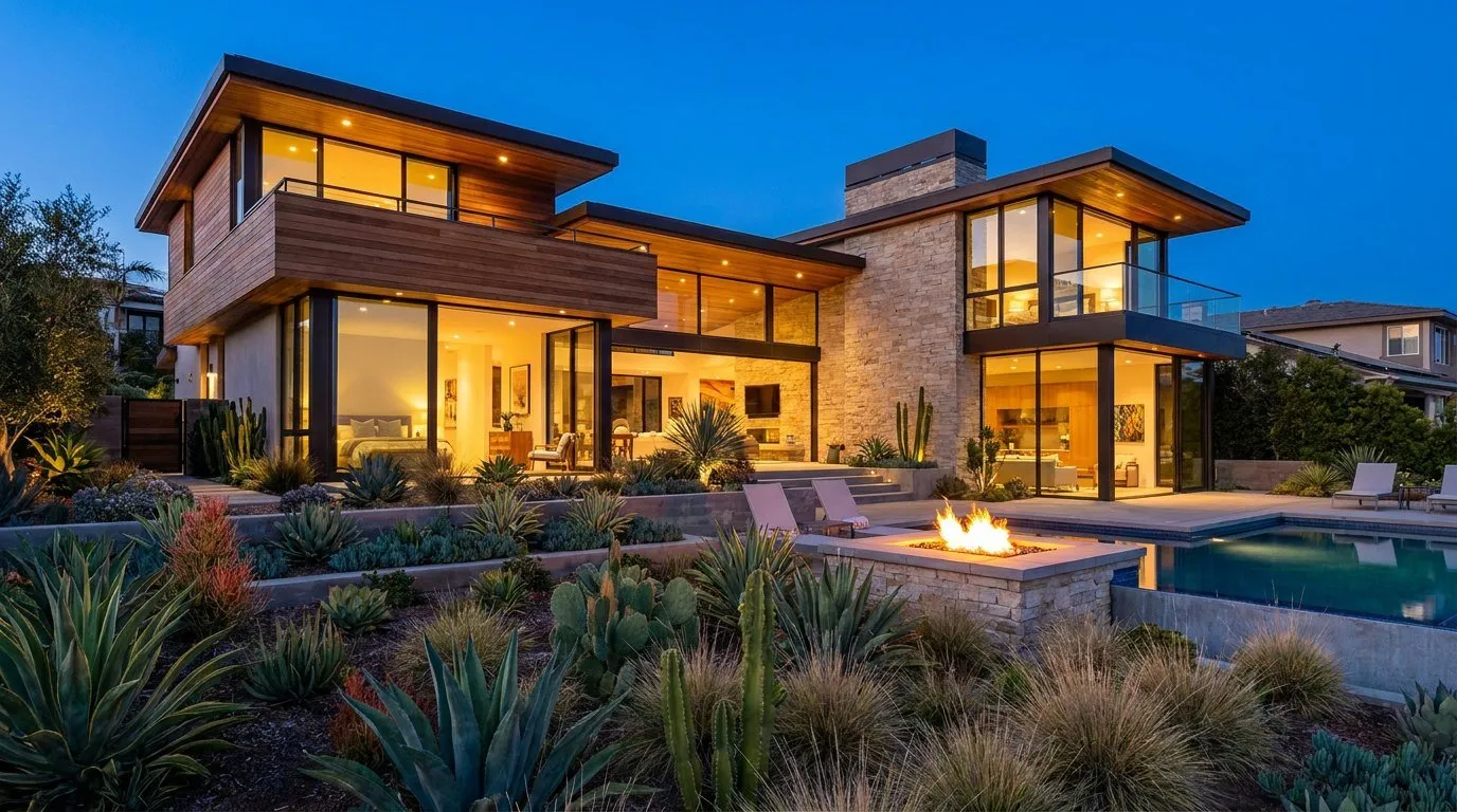 San Diego modern luxury home exterior at twilight, real estate photography