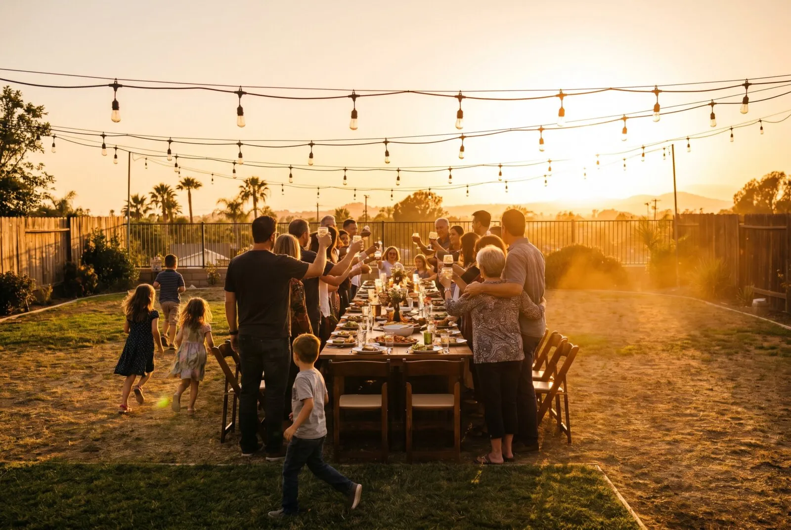 Large family gathering at outdoor dinner table under string lights at golden hour sunset in San Diego backyard setting
