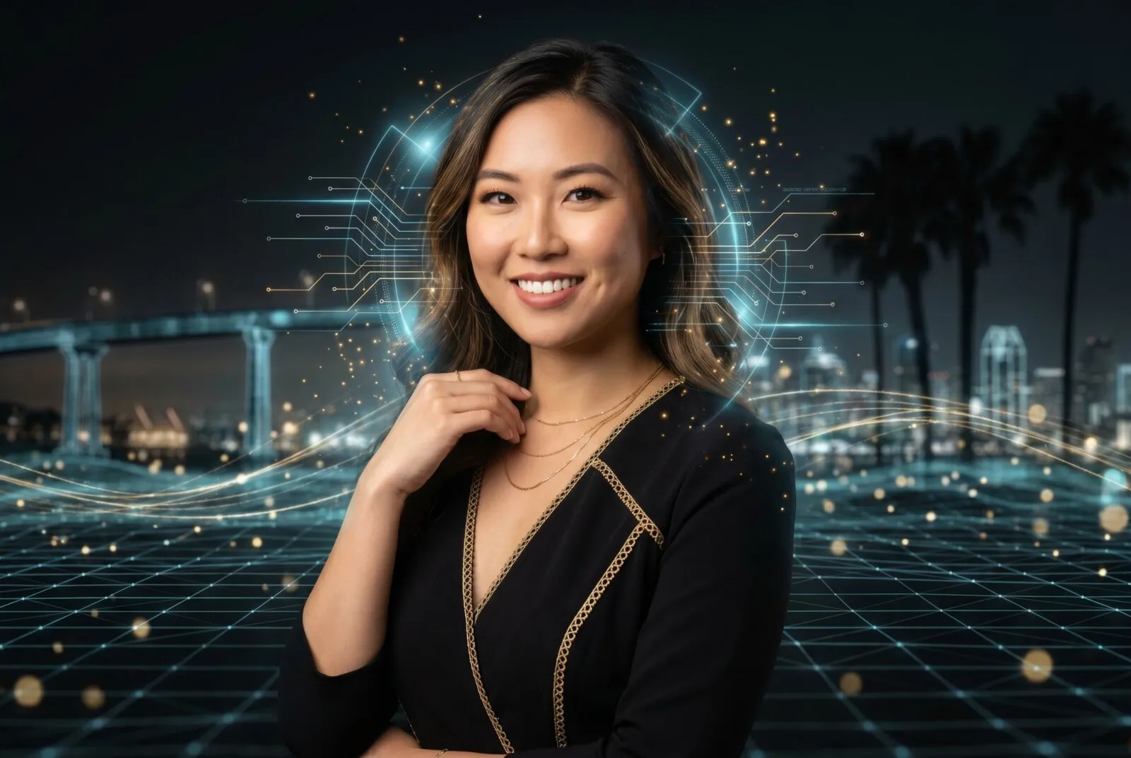 Professional headshot of smiling woman with digital technology effects and San Diego cityscape background, showcasing personal brand portrait photography.