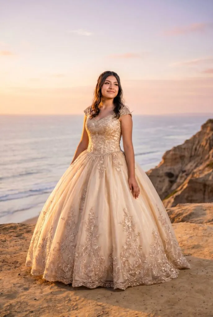 Young woman in elegant beaded ballgown at sunset on San Diego beach during quinceañera celebration photography session