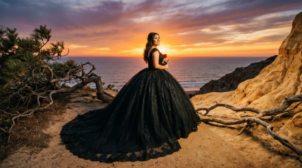 Quinceañera in elegant black ball gown poses on sandy beach at sunset with ocean and rocky cliffs in background.
