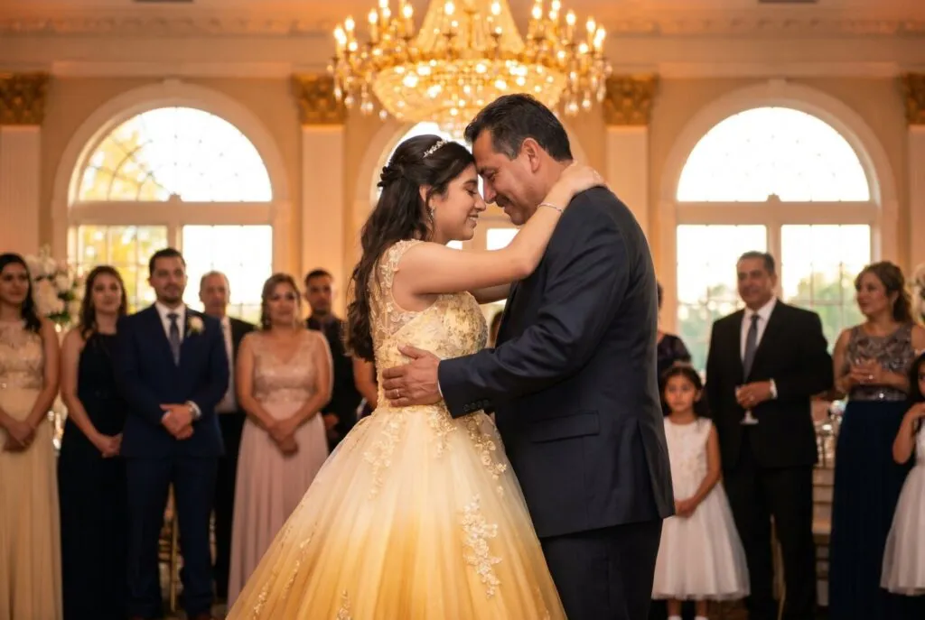 Bride and groom share an intimate moment during father-daughter waltz at elegant quinceañera celebration in San Diego ballroom