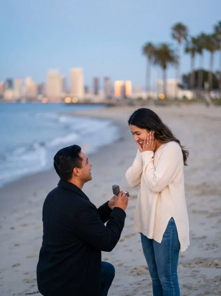 Man proposing to woman on San Diego beach at sunset with city skyline and palm trees in background, surprise proposal photography moment
