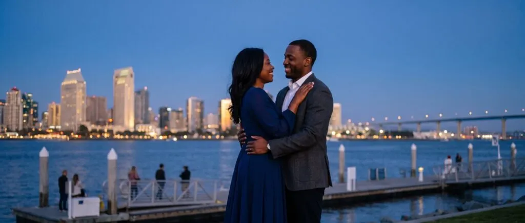 Couple embracing at twilight with San Diego skyline and bay bridge glowing in background during engagement session