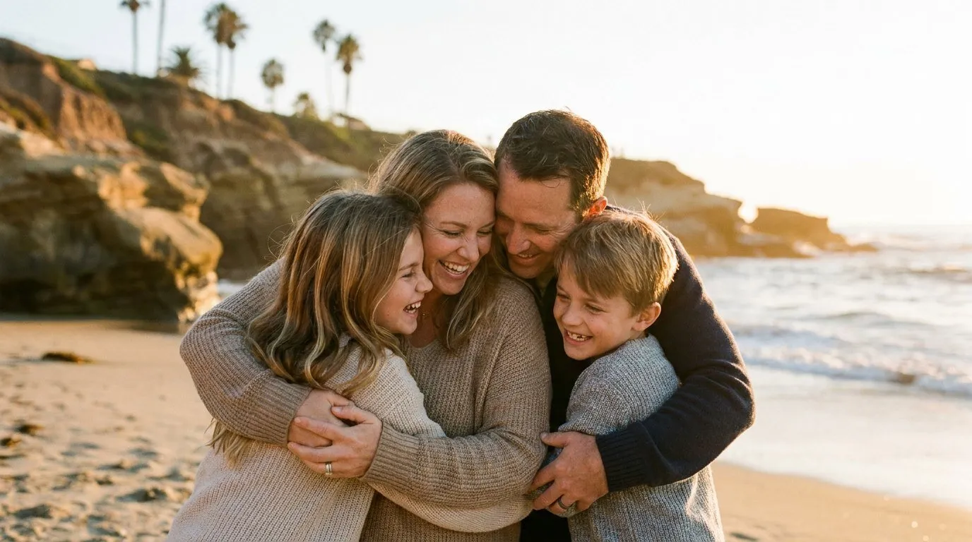 San Diego family photographer, family hugging at La Jolla beach at sunset