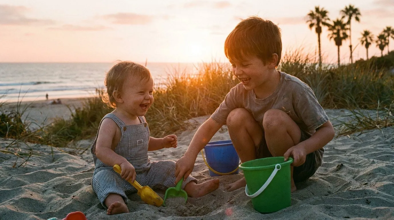 San Diego kids photographer, children playing on the beach at sunset