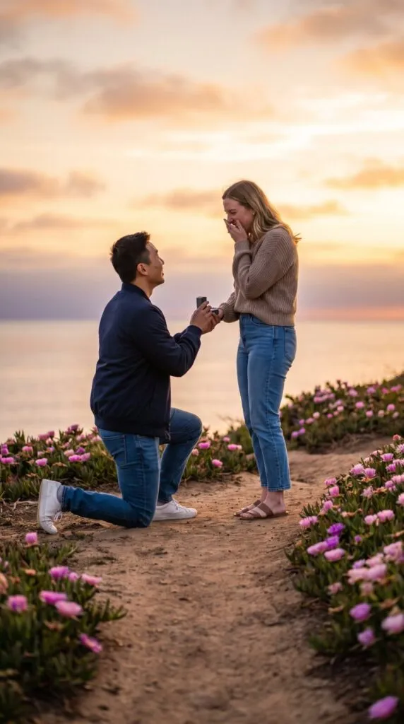 Man on knee proposing to woman at sunset beach with pink flowers, surprise proposal photography San Diego moment